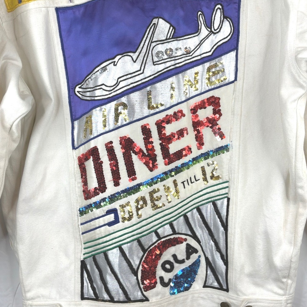 90's Unique Airline Diner Sequin Embellished Denim Jacket Women Size Medium